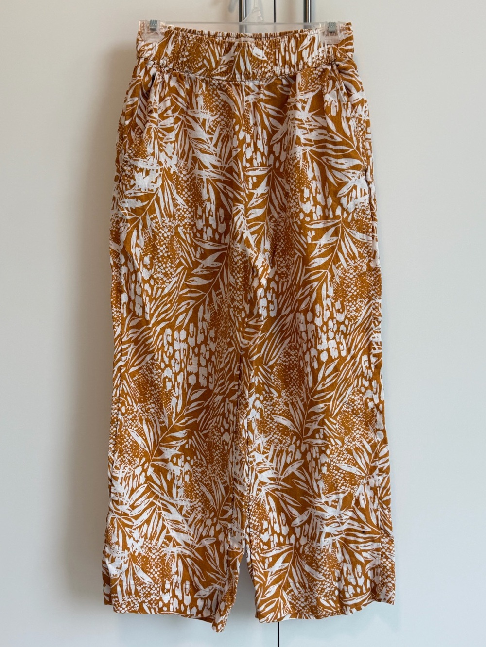 Christian Siriano 100% Linen Wide Leg Pants Small Mustard Yellow & White Print